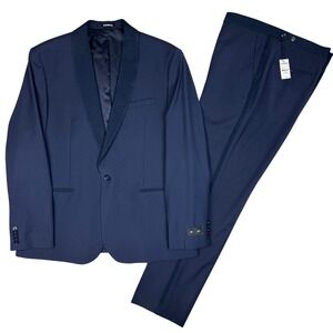 NEW Express Tuxedo Suit Mens Navy Slim Fit Shawl Lapel 2pc Set Wool Blend Luxury